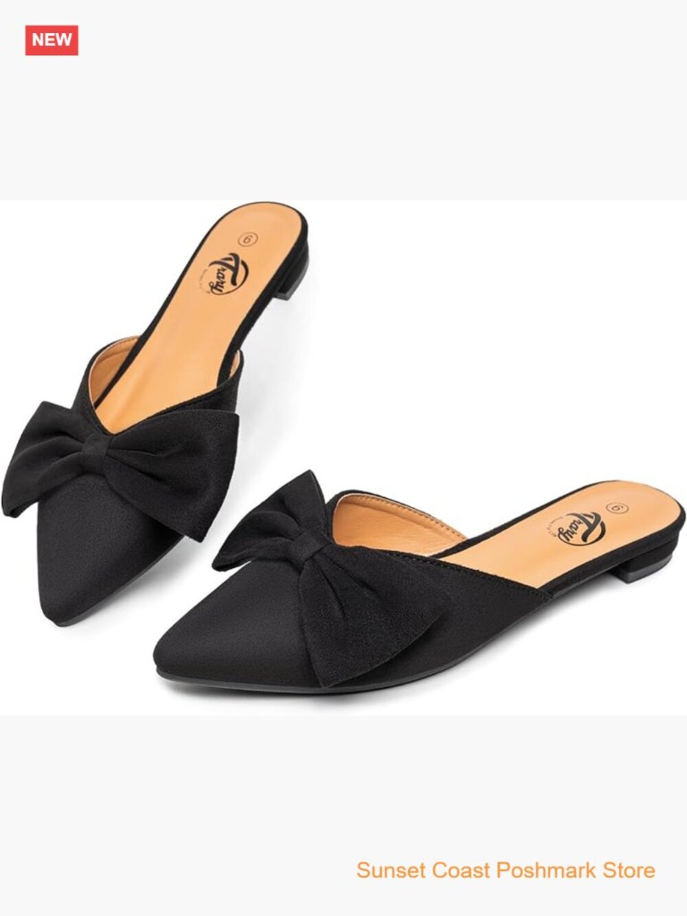 Black Bow Pointed Toe Mules Suede Cushioned Flat Shoes Slip On Walk
